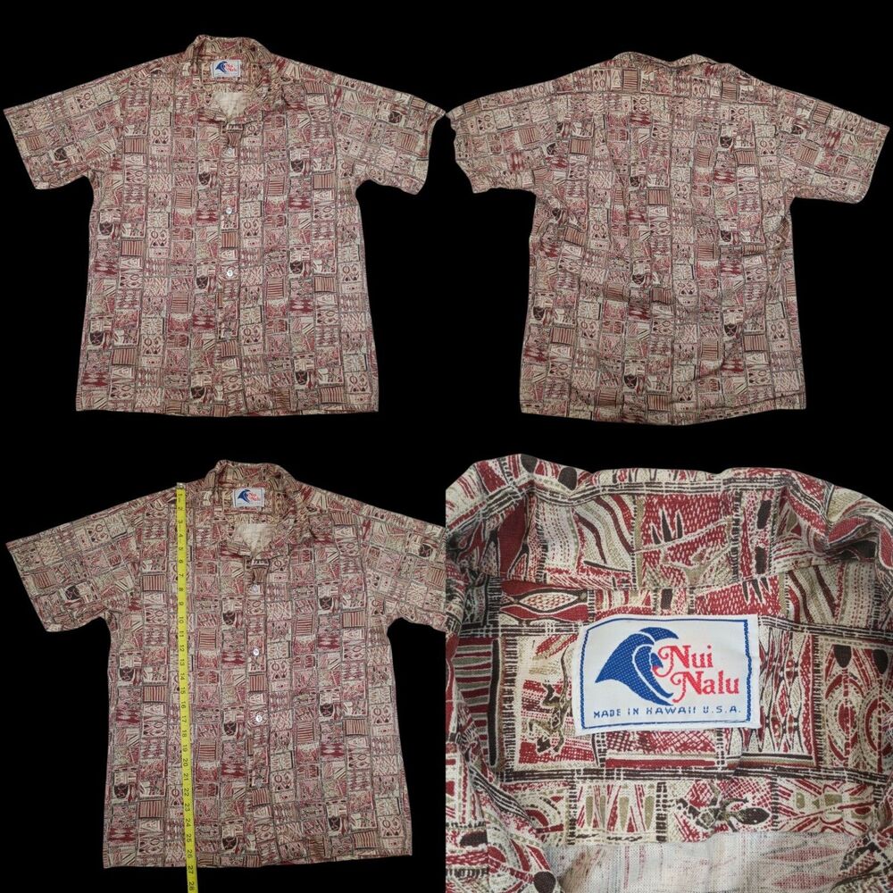 NUI NALU Tribal Print Hawaiian Camp Shirt Med Primitive Lizards USA MADE Cotton